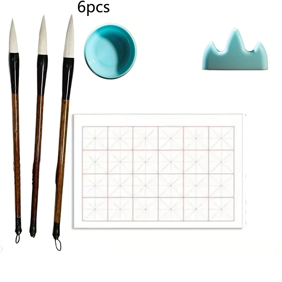 6-teiliges Premium-Set für chinesische Kalligraphie-Übungen – nur mit Wasser beschreibbar, schnell trocknender Stoff, komplett mit Pinseln, Tintenfass und Pinselhalter – Detail 1