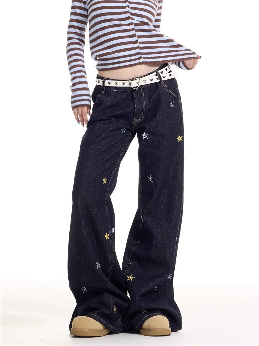 

Retro American Spicy Girl Embroidered Casual Jeans Loose Men's Women's Street Sle Loose Slim Wide Leg Long Trousers