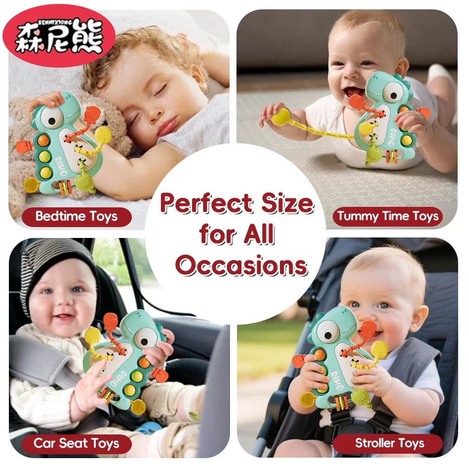 Sennixiong bebê dinossauro dentição brinquedo puxar corda infantil recém-nascido sensorial silicone chocalhos montessori brinquedos para criança presente do miúdo
