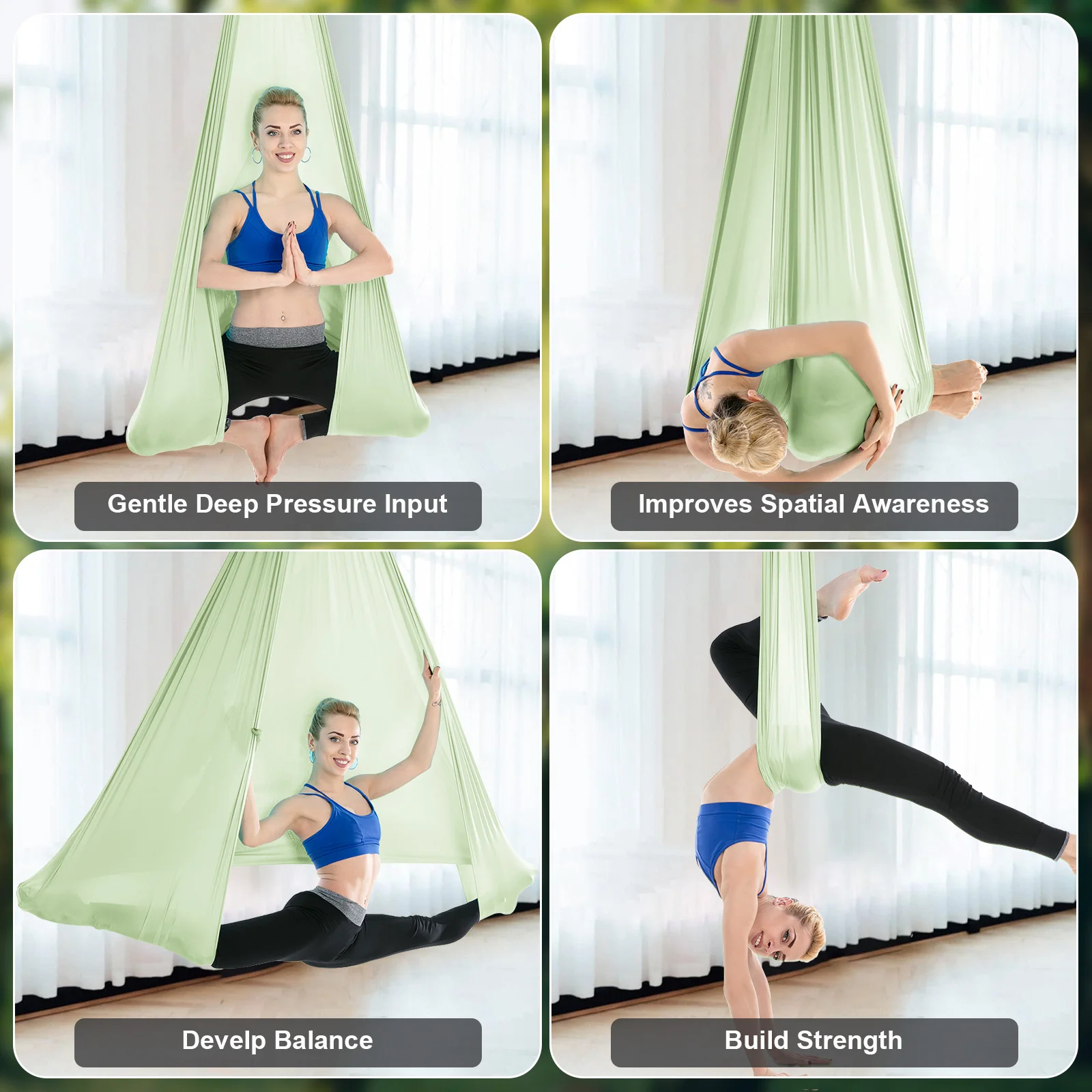 أرجوحة اليوغا الجوية مجموعة اللياقة البدنية بيلاتيس نسيج الحرير اليوغا سوينغ 5.5 ياردة تشمل Carabiners ديزي سلسلة لتمارين انعكاس #6