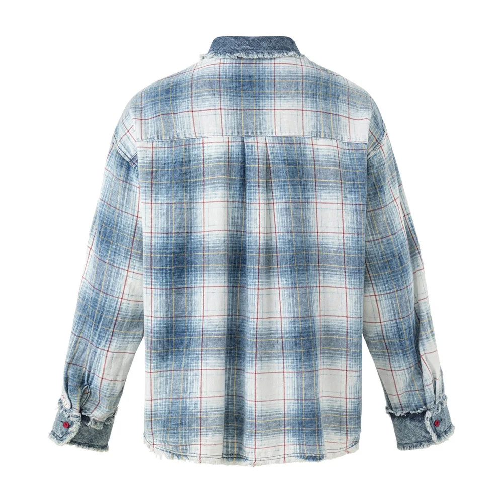 MWJLPWQ American Retro Washed Distressed Plaid Long-Sleeve Shirt Faux Two-Piece Design Cat-Whisker Trim Street Tops New 21544