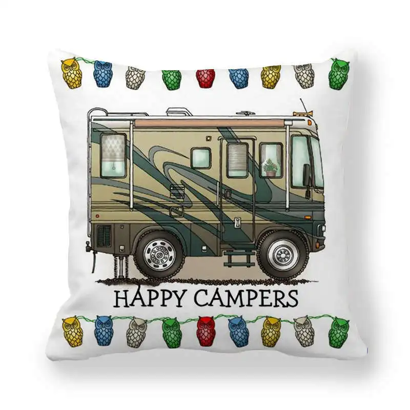 Happy Campers Car Cushion Cover Owl Outdoor Camping  Pillow  Sofa Decorative