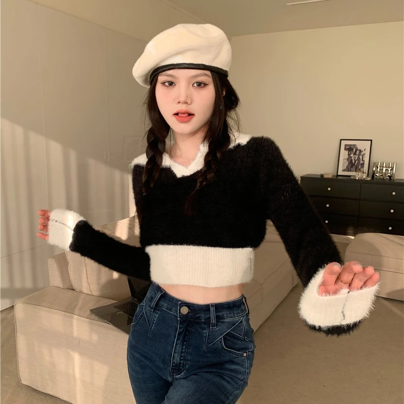 Pullovers Women Patchwork Sweet Slim Spring All-match Lady Retro Chic Fashion Soft Cute Elegant Korean Harajuku Кофта Женская