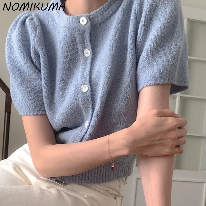 Nomikuma Korean Chic Summer Sweet Puff Sleeve O-neck Sweater Coat 2023 New Single Breasted Causal Solid Fashion Knitted Cardigan