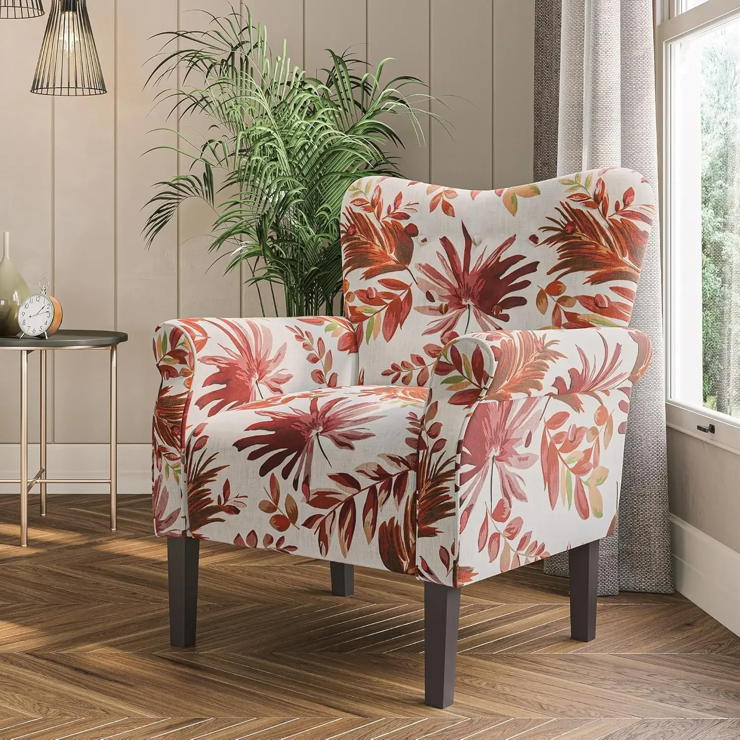 Modern Accent Chair for Living Room, High Back Floral Armchair with Wooden Legs, Upholstered Wingback Side Chair Padded Armrest