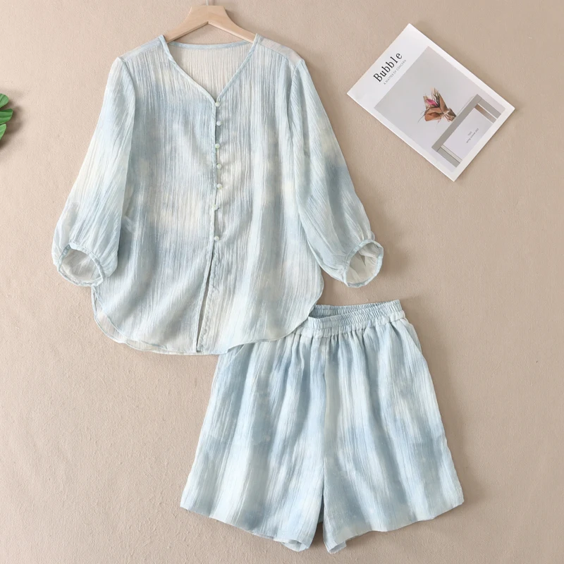 

Summer Shorts Two-piece Set V-neck Single Breasted Lantern Sleeve Shirt Elastic Waist shorts Suit Fashion Tie Dye Women Sets