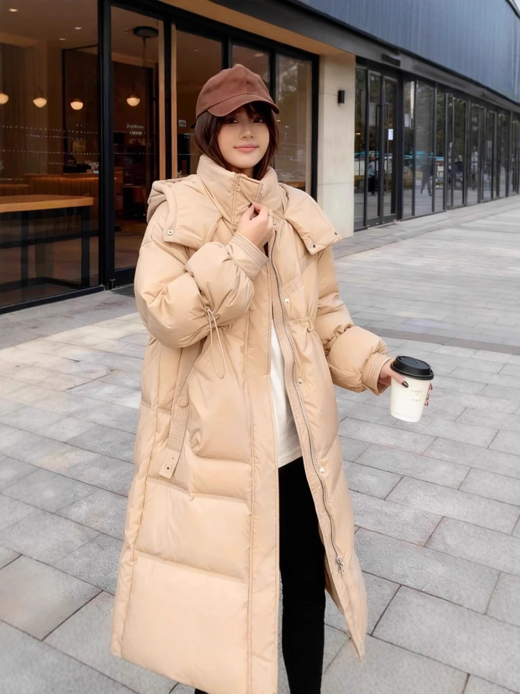 المرأة طويلة أسفل سترة شتاء جديد سميكة الدافئة زهرة برعم كم مقنعين سترات موضة فضفاضة الأبيض بطة معطف منتفخ ملابس خارجية