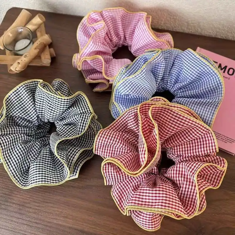 1PC Colorful Lattice Ruffles Hair Scrunchies Women Sweet Romance Retro Hair Ties Rubber Band