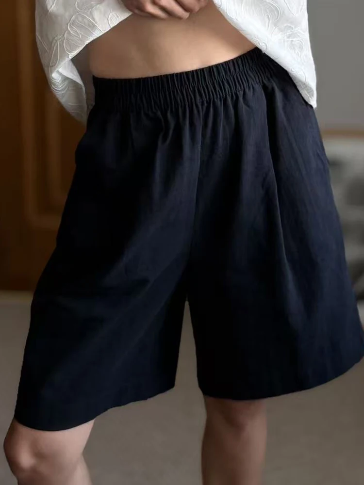 Summer White Bermuda Shorts For Women Loose A Line Lyocell Long Shorts Baggy Lady High Waist Women's Navy Wide Leg Shorts Cotton