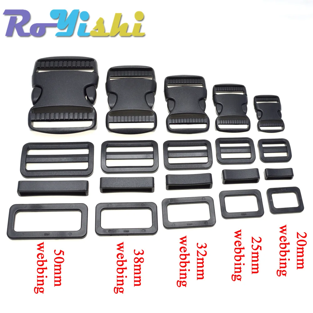 1 Set 20mm 25mm 30mm 38mm 50mm Plastic Slider Adjustable Rectangle Ring Belt Loop Curved Side Release Buckles For Paracord