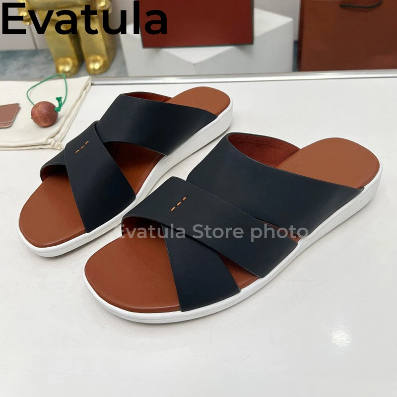 2024 Summer Hot Genuine Leather Cross Band Flat Slippers For Men High Quality Slides Lazy Shoes Outdoor Casual Beach Mules Male