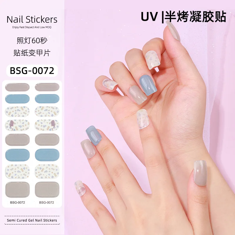 16 Strips Gel Nail Wraps Semi-cured Gel Nail Stickers 3D Gilded Full Cover Long Lasting Nail Patches UV Lamp Required