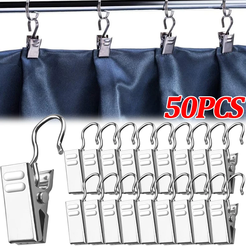 10/50PCS Curtain Hook Clips Multipurpose Hook Clips Sturdy and Reusable Home Photo Picture Metal Hanging S Shape Hooks with Clip