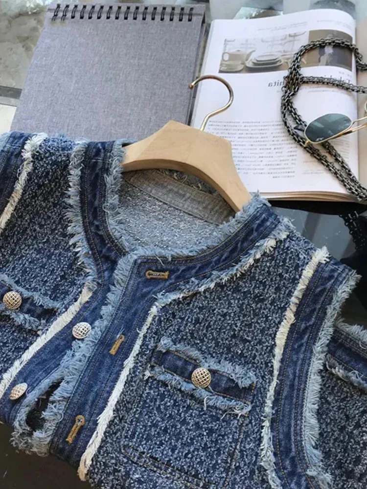 Women Single Breasted Plaid Denim Vest with Tassel Elegant Lady Vests Blue Spring Autumn Flow Sleeveless Tank Top Coat