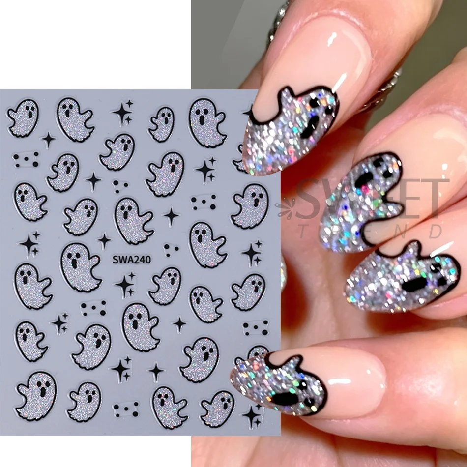 2/3pcs Halloween Nail Art Stickers Self‑Adhesive Glitter Ghost Black Bat Wing Design Nail Decals Manicure Decoration Accessories
