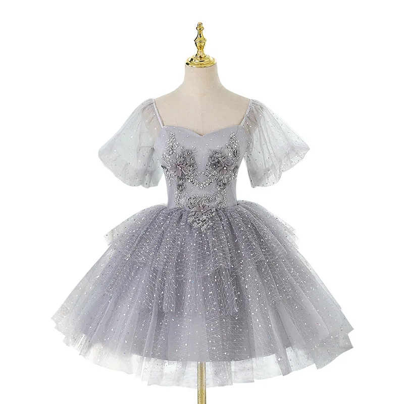 Vestidos De quinceañera cortos De tul personalizados con manga abombada, vestidos De baile clásicos con apliques De encaje dulce, nuevo Vestido gris De Debutante