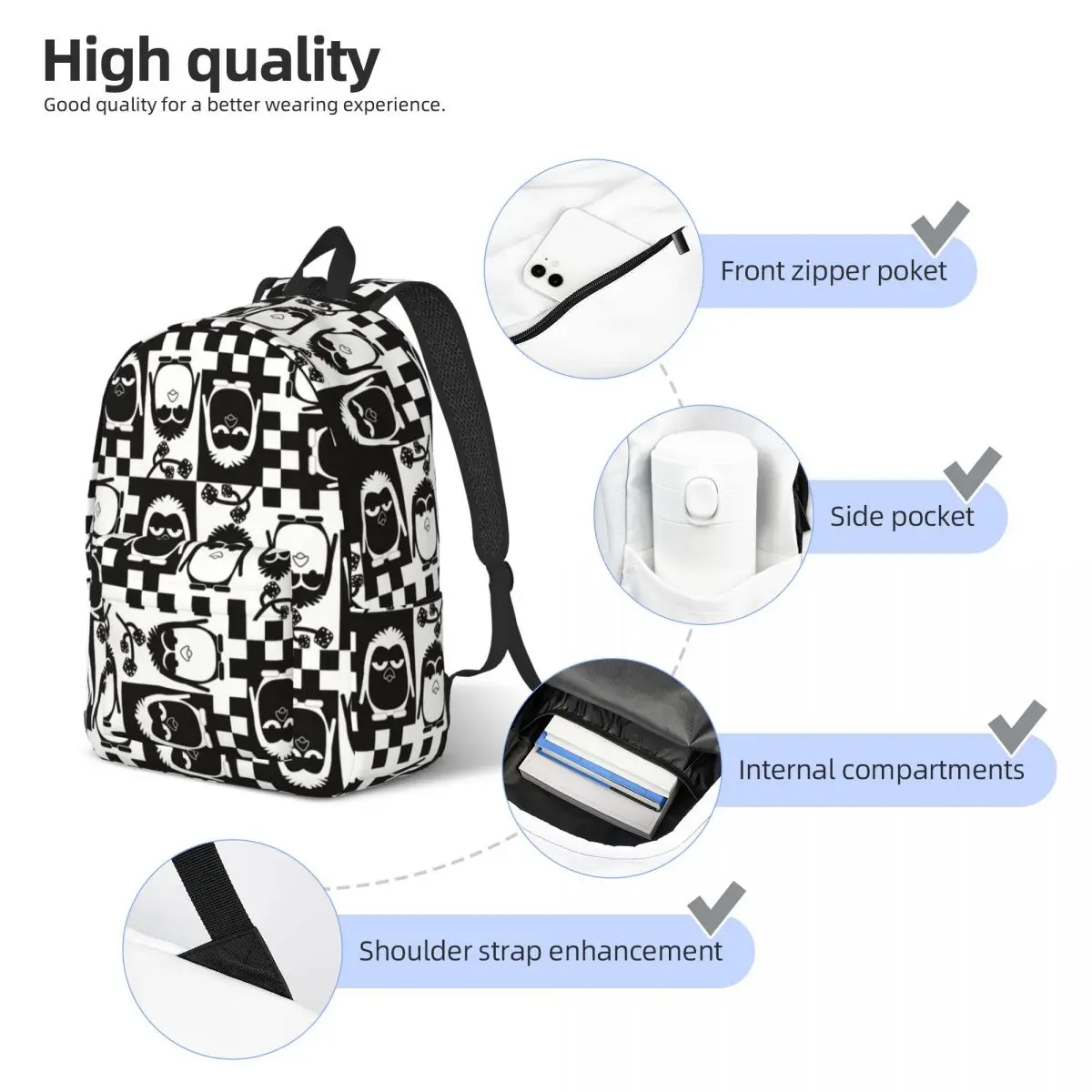 Penguin Animal Bird Backpack Elementary High College School Student Black And White Bookbag Teens Canvas Daypack Sports