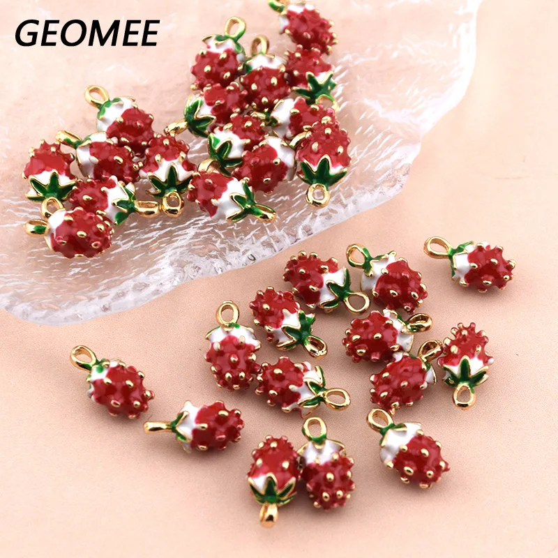 10pcs Mini Red Strawberry Alloy Enemal Charms Cute 3D Fruit Pendant For Barcelet Earring Necklace Diy Jewelry Making