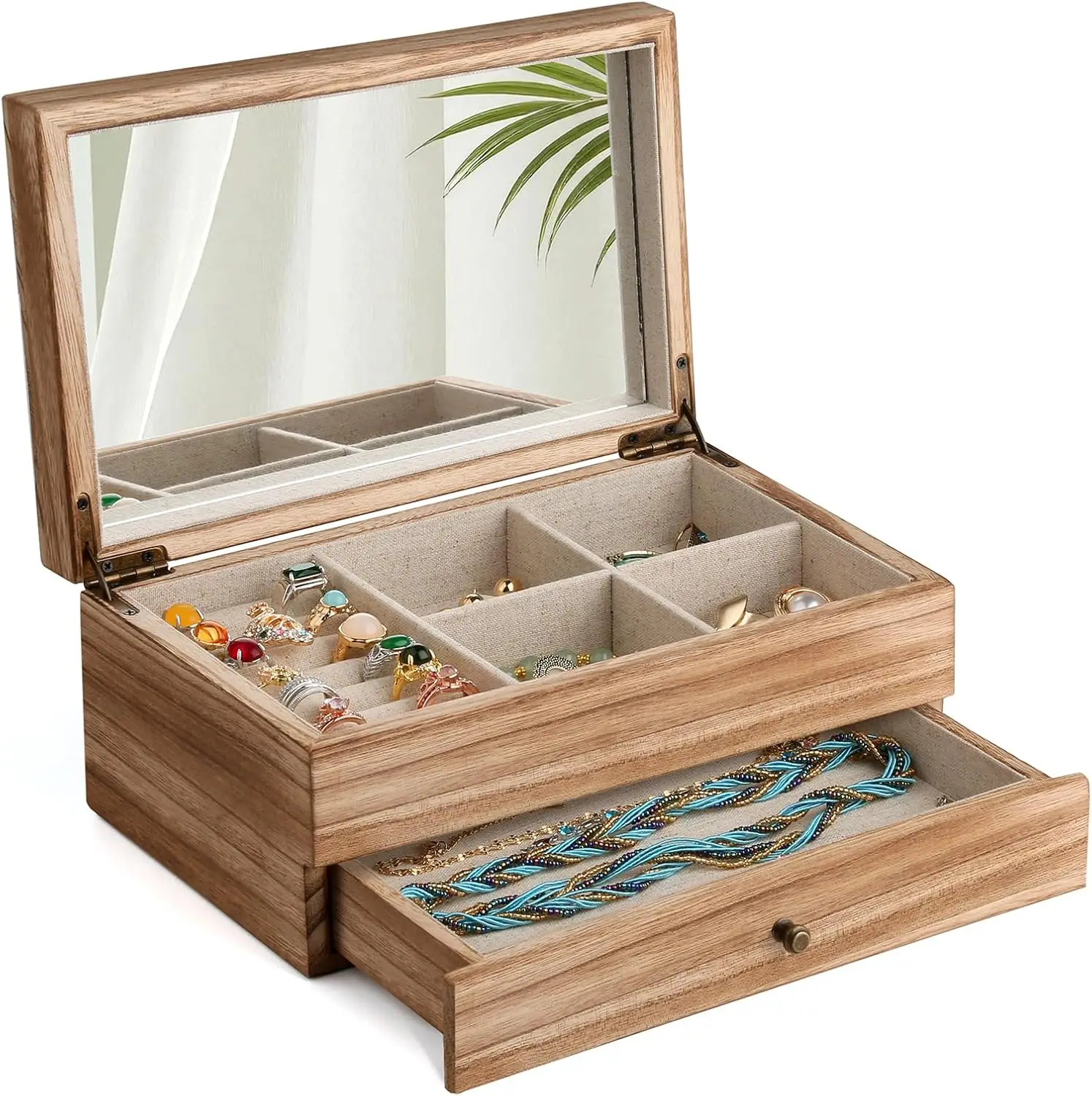 

Jewelry Box Organizer for Women, 2 Layer Large Jewelry Storage Case, Rustic Wooden Jewelry Box with Mirror & Ring Tray f