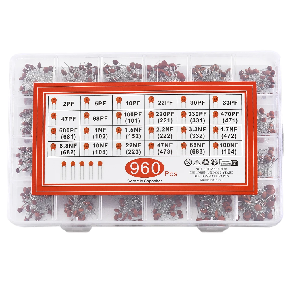 960PCS Ceramic Capacitor Assortment Kit 2pF~100NF Capacitors Sample Kit for DIY Electronics PCB Repair Prototyping