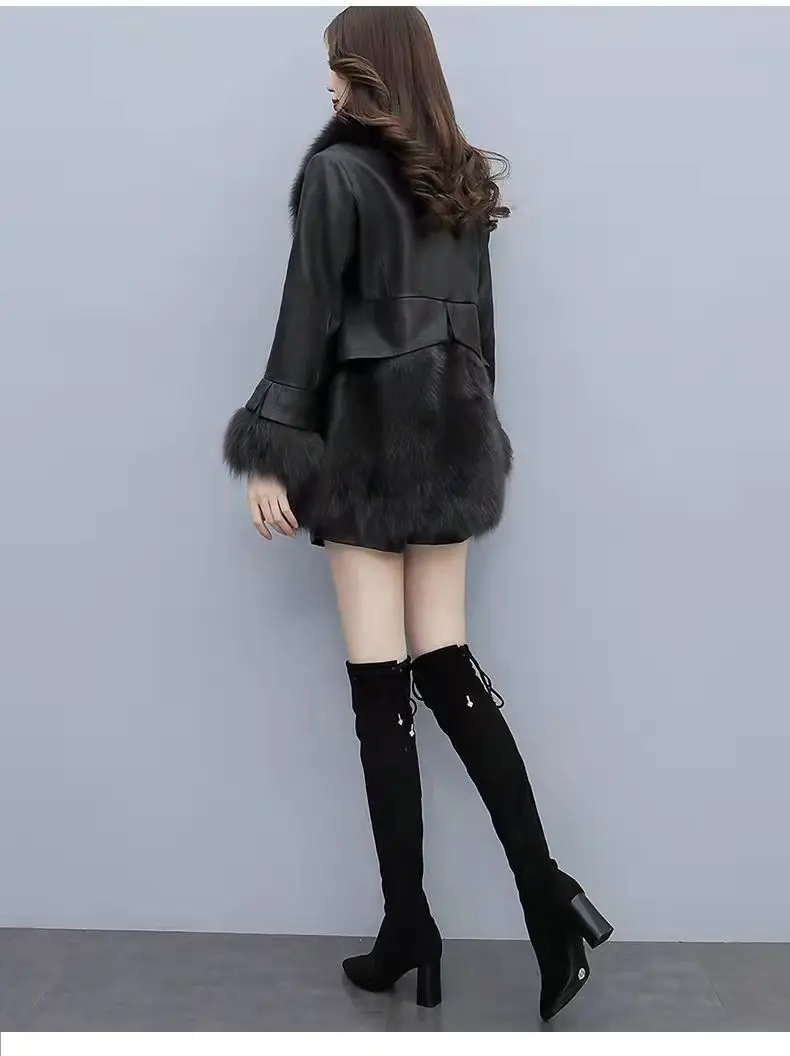 Chic Leather Jacket Women's Overcoat 2024 Autumn Winter New Faux Fox Fur Mid-Length PU Leather Stitching Thick Warm Coat Outwear