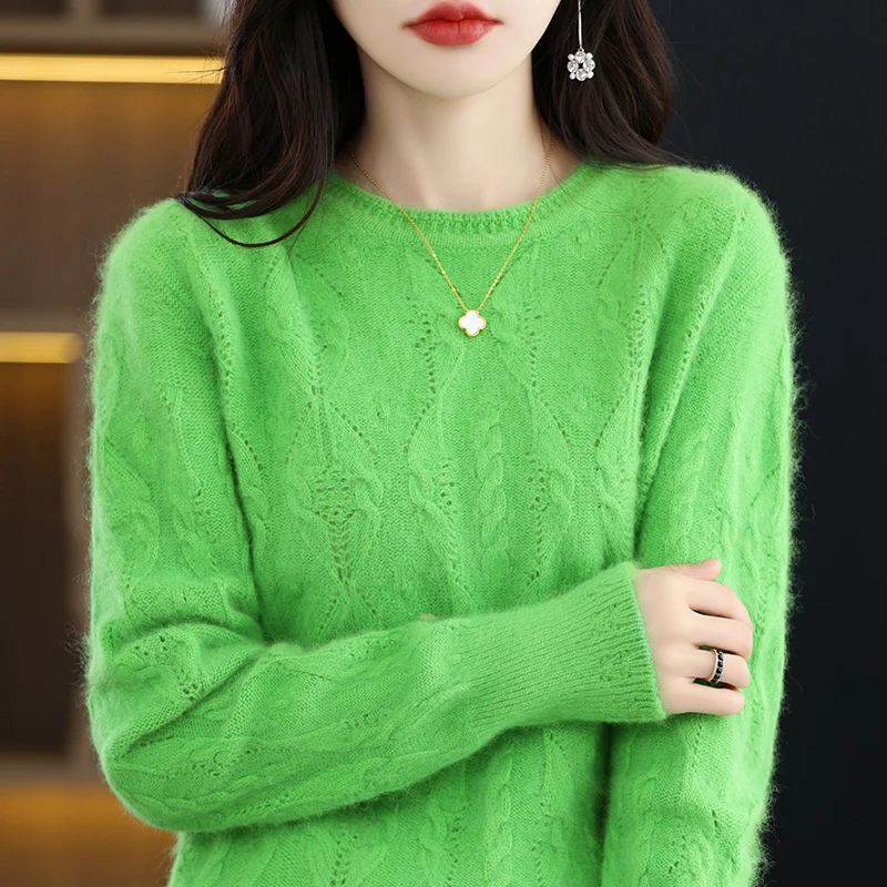 100% Mink Cashmere Sweater Women\'s O-neck Pullover Loose Knitted Underlay Autumn/Winter Long Sleeve Fashion Cashmere Top