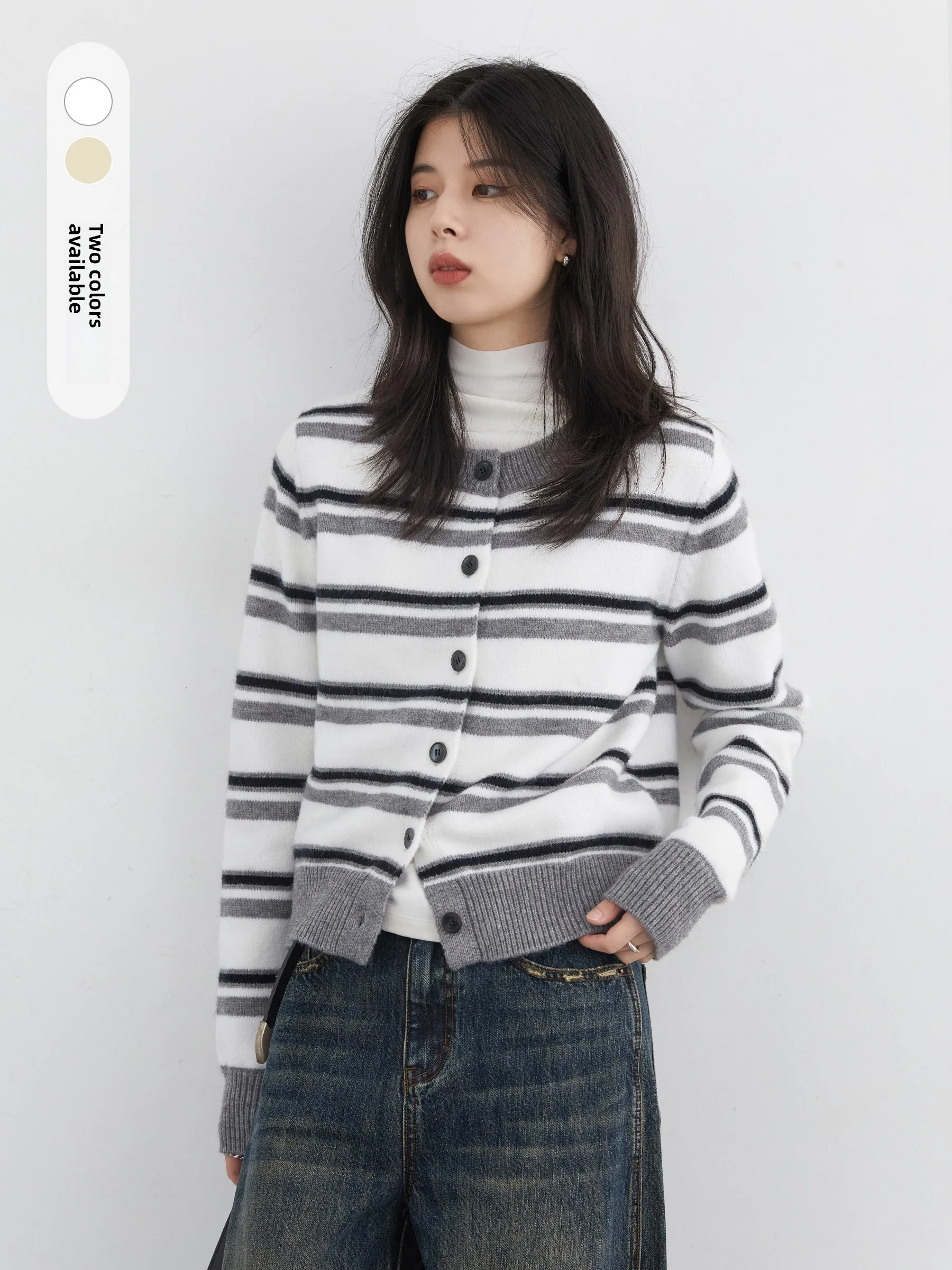 

Теплый вязаный свитер с круглым вырезом и полосками, женский, для повседневной носки, в корейском стиле, с длинными рукавами, на пуговицах, кардиган