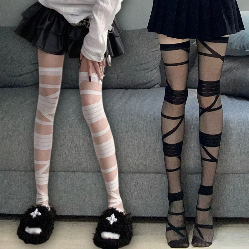 Ultrathin Women Spicy Girl Bandage Stripe Long Stockings Female Japanese Lolita Jk Y2k Sexy Summer Cross Tube White Stockings