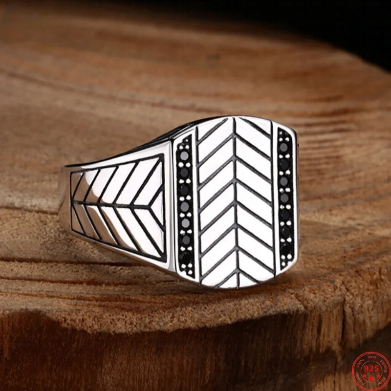 

S925 Sterling Silver Charms Rings for Men Women Striped Pattern Inlaid Micro Black Zircon New Fashion Punk Jewelry Wholesale