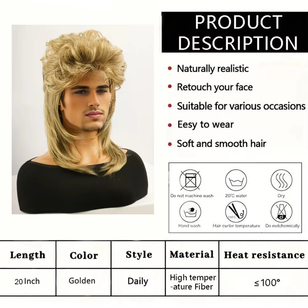 Men's 80s Punk Rock Wigs 20 Inches Synthetic Heat Resistant Fiber Natural Wavy Wig for Men Halloween Party and Band Costumes
