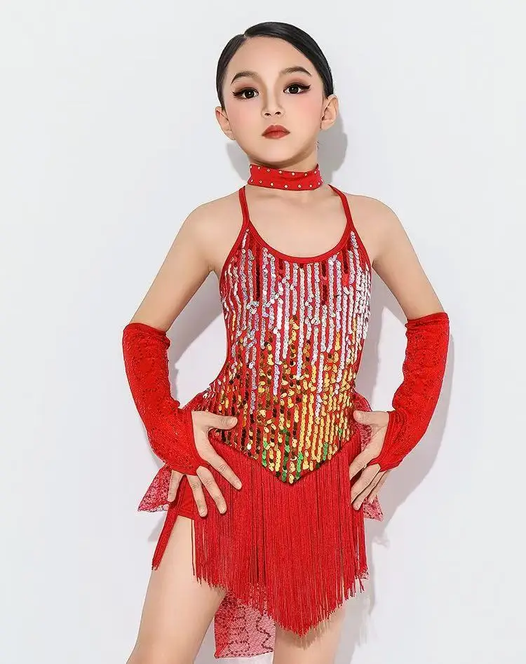 Costumes pour filles, vêtements pour enfants, robes de concours de salle de bal, justaucorps à la mode, paillettes, pompon, robe de danse latine Salsa