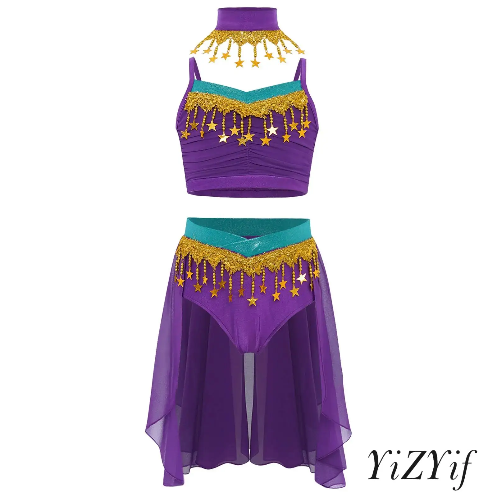 

Hot Sale Girls Belly Dance Costume Set Ruched Spaghetti Strap Top with Irregular Chiffon Skirt Halloween Party Performance Set