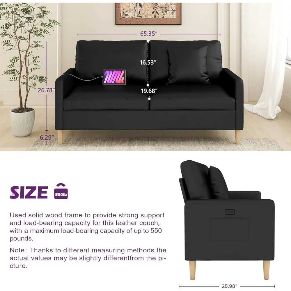 أرائك أريكة من الجلد الصناعي باللون الأسود مقاس 66 بوصة مع USB، طقم غرفة معيشة مكون من قطعتين، مقعد معنقدة حديث من منتصف القرن بمقعدين للمكتب الصغير #3