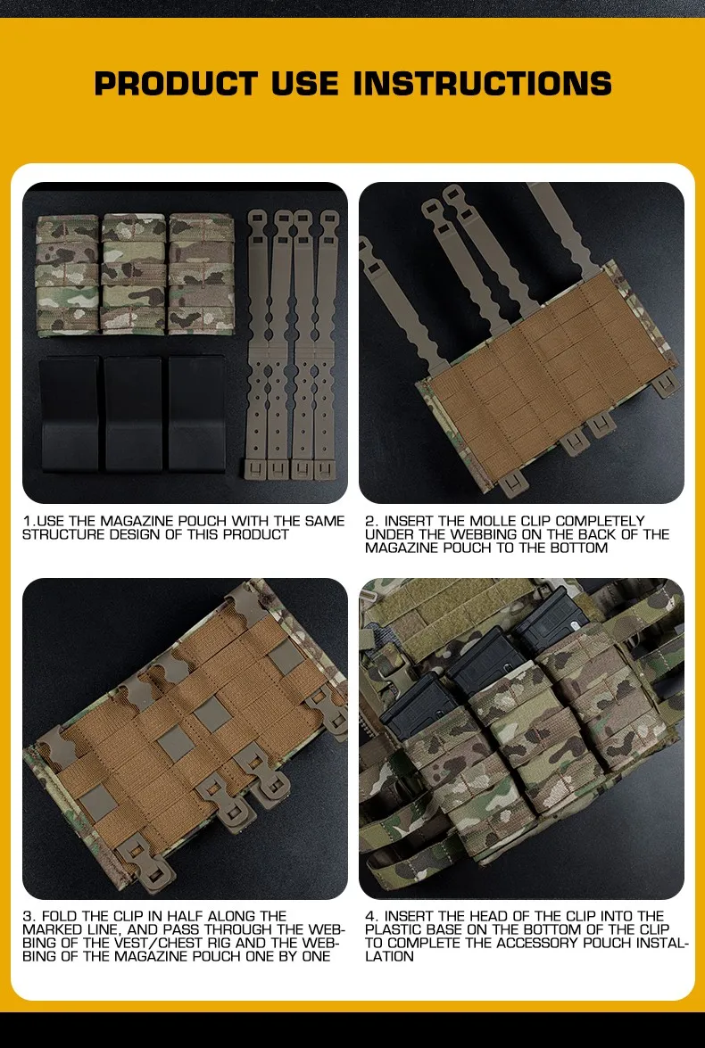 4pcs Tactical Molle System Malice Clips Strap Molle Clips Attachment for Magazine Pouch for 5.56 AR15 Single/Double Mag Pouches