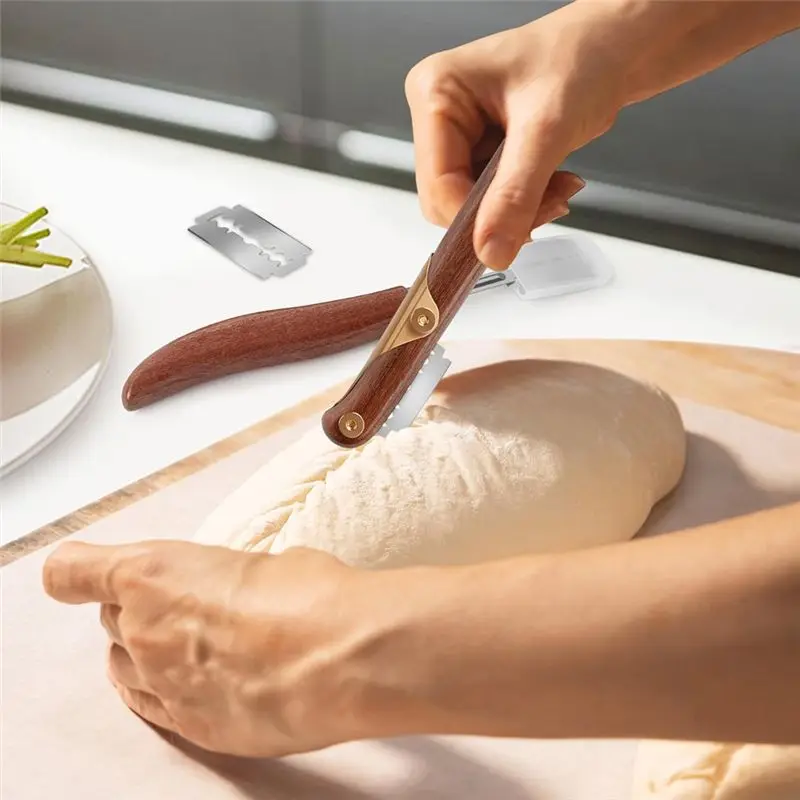 J1UL1N 2Pcs Bread Lame Tool Knife Sourdough Scoring Tool With 10 Pcs Replaceable Blades Wooden Handle Lame Slashing Tool