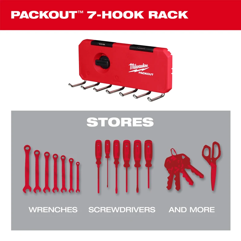 Milwaukee PACKOUT 48-22-8329 7 Hook Rack Wall Mounted Storage Article Metal Reinforcement Durable Tool Accessories 1PCS/3PCS