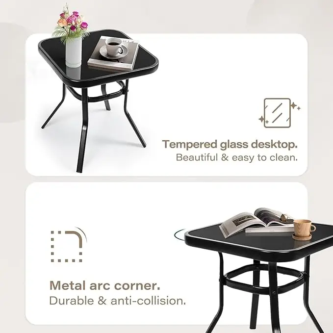 Mecedoras de 3 piezas para exteriores, conjunto de muebles de acero negro con cojín grueso y mesa de centro de cristal, para Patio y Bistro