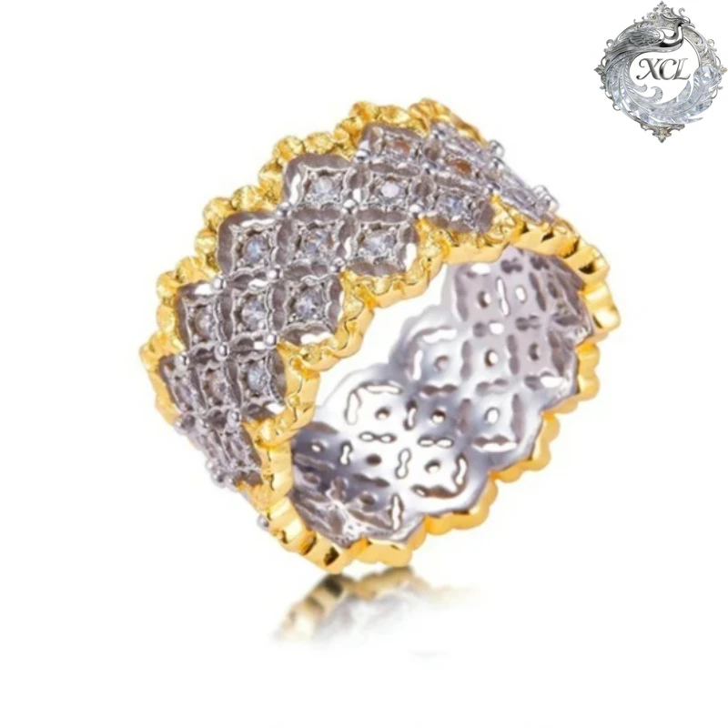 

S925 Silver Two Tone Plated Hollow Beehive Cubic Zirconia 10mm Wide Band Rings for Women Fashion Trendy Dainty Ring Luxury Gift