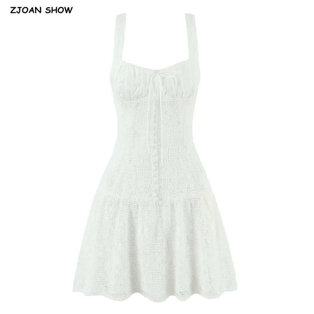 Sexy ricamo bianco scava fuori pizzo fiocco increspato petto fionda mini abito da donna vita bassa impiombato piegato altalena serbatoio abiti