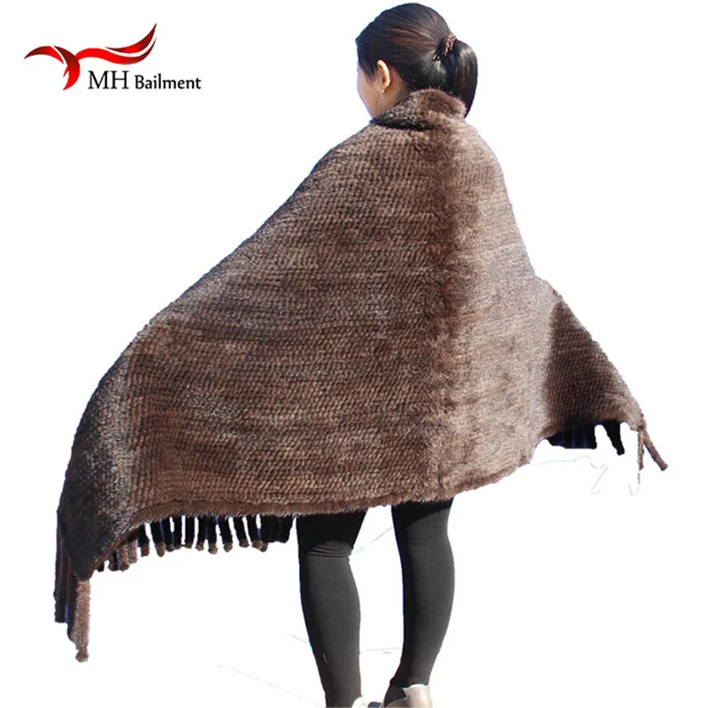 Elegant Real Knitted Mink Fur Shawl Scarf Womens Casual Poncho Knitted Mink Fur Black Scarves Scarf, Hat Glove Sets S#2