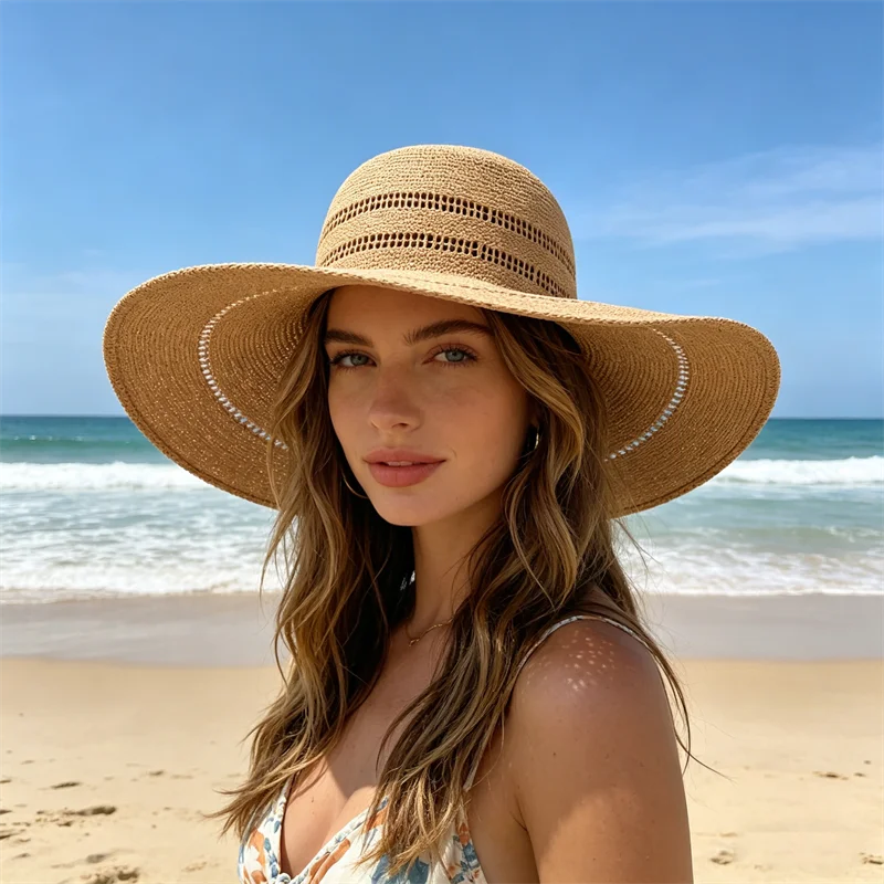 GEMVIE Summer Large Brim Paper Straw Hat for Women Solid Color Sun Protection Beach Sun Hat