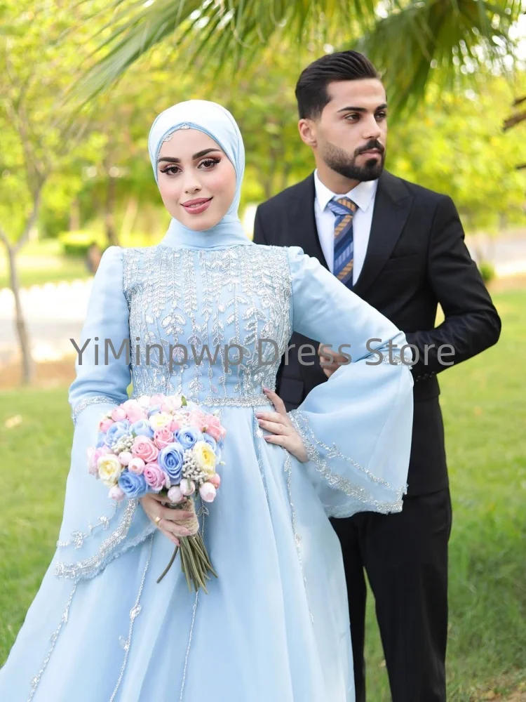 Moslim trouwjurken met hoge hals lange mouwen sweep trein een lijn kralen chiffon hijab tuin bruid bruidsjurken op maat