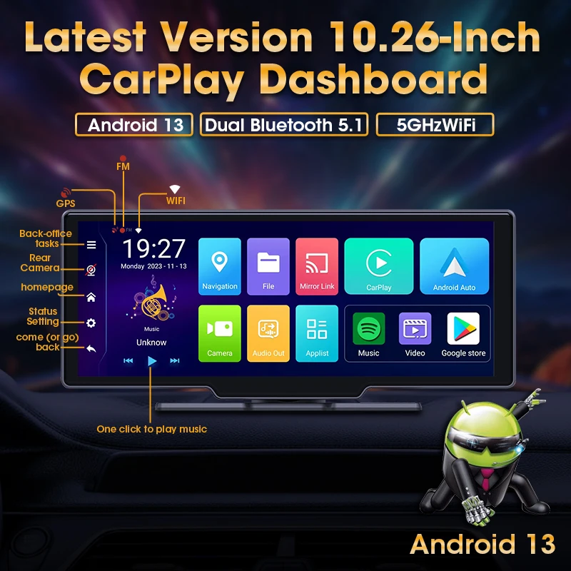 Srnubi 8 Core 10.26 inch Android 13 CarPlay&Android Auto Player Smart Screen Rear Camera 5G WiFi GPS 5.1 Bluetooth AUX FM