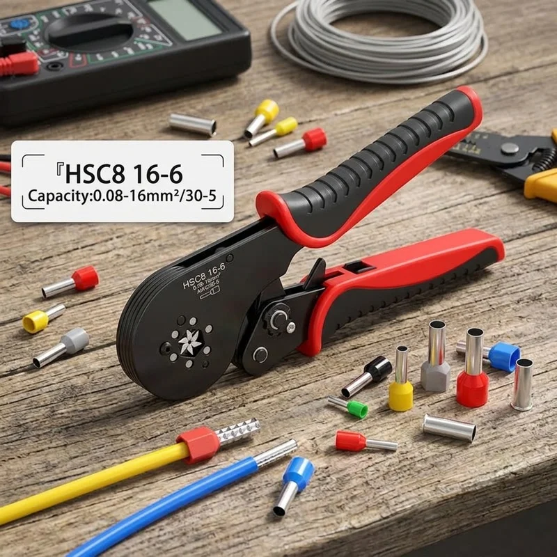 HSC8 16-6 Wire Ferrule Crimper, 0.08-16mm² Large Range Ratchet Crimping Pliers, Hexagonal Terminal Tool for Electrical Wiring