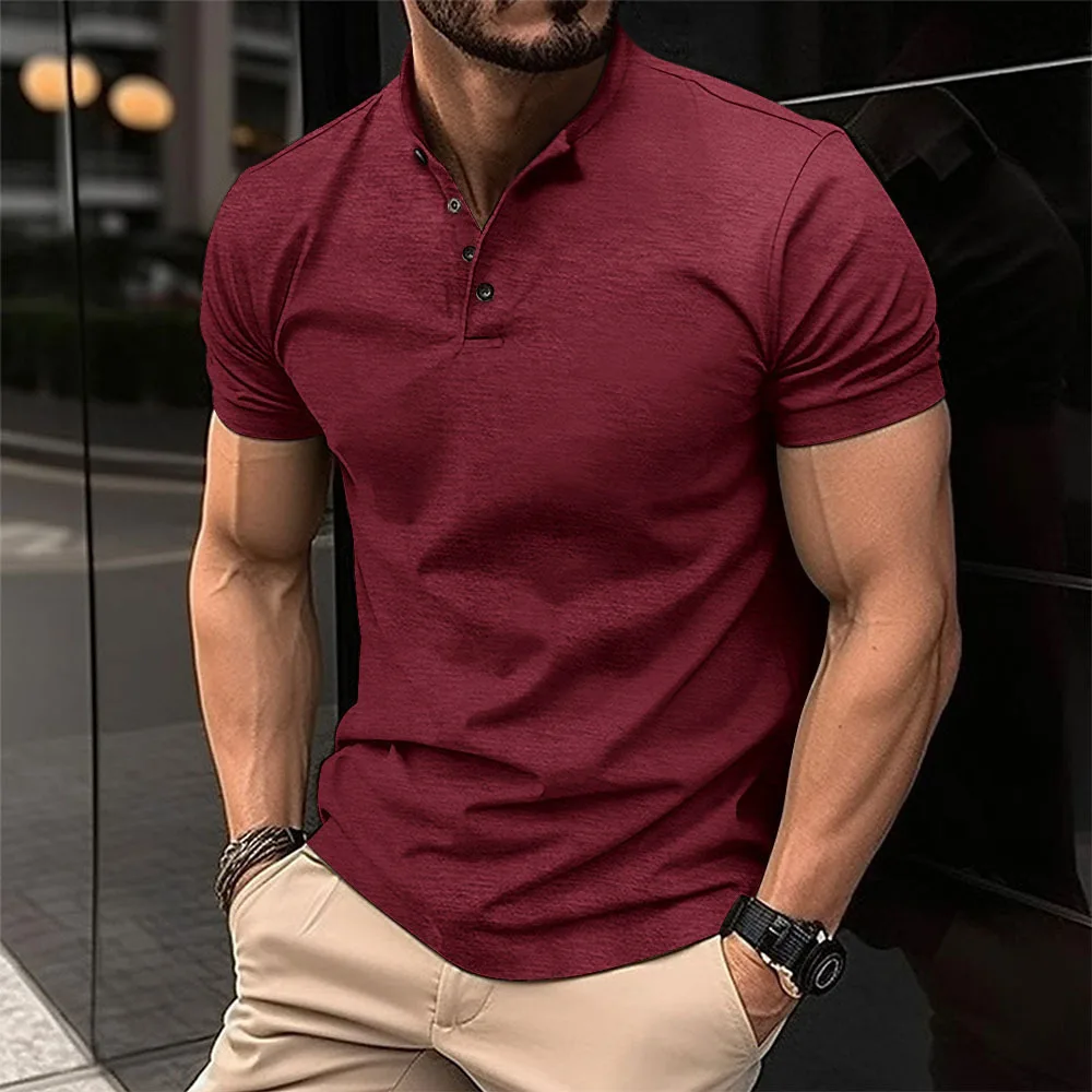 Summer Mens Casual Polo Shirt Henley Collar Solid Color Short Sleeve Polos Men Short Sleeve Tops Tees Anti Piling T Shirt