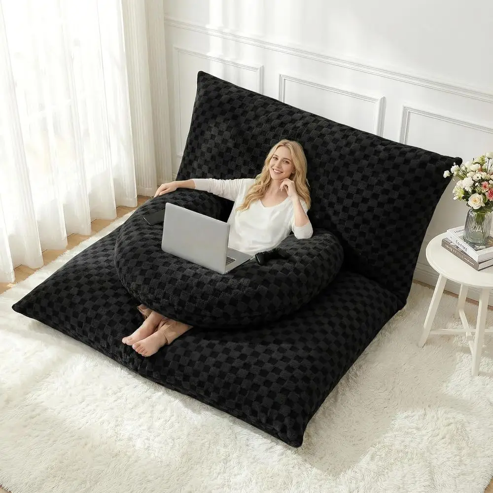 

3 in 1 Bean Bag Chair with Portable U-Shaped Pillow, Giant Bean Bag, Convertible Sofa Bed (Black)