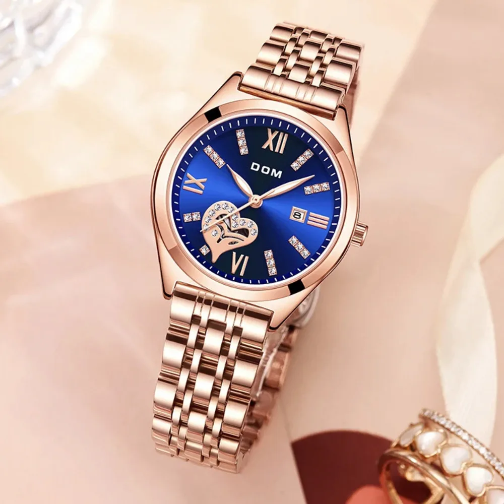 DOM Quartz Watch Simplicity Fashion Personality Women\'s Rose Gold Stainless Steel Life Waterproof Strap For Watch PresentG1670