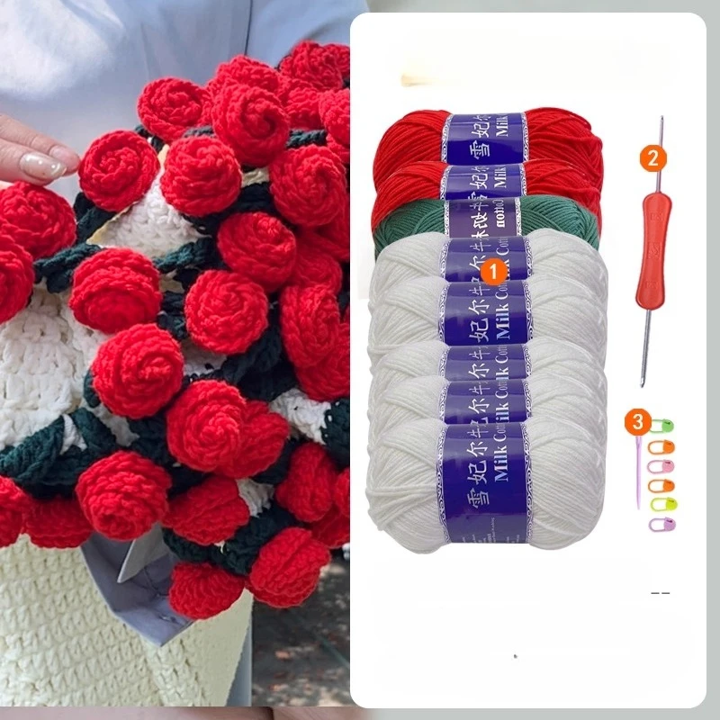 

Creative DIY Knitting Material Kit Bouquet Blanket Yarn Hook Weaving Bellflower Rose Blanket To Bouquet Gift