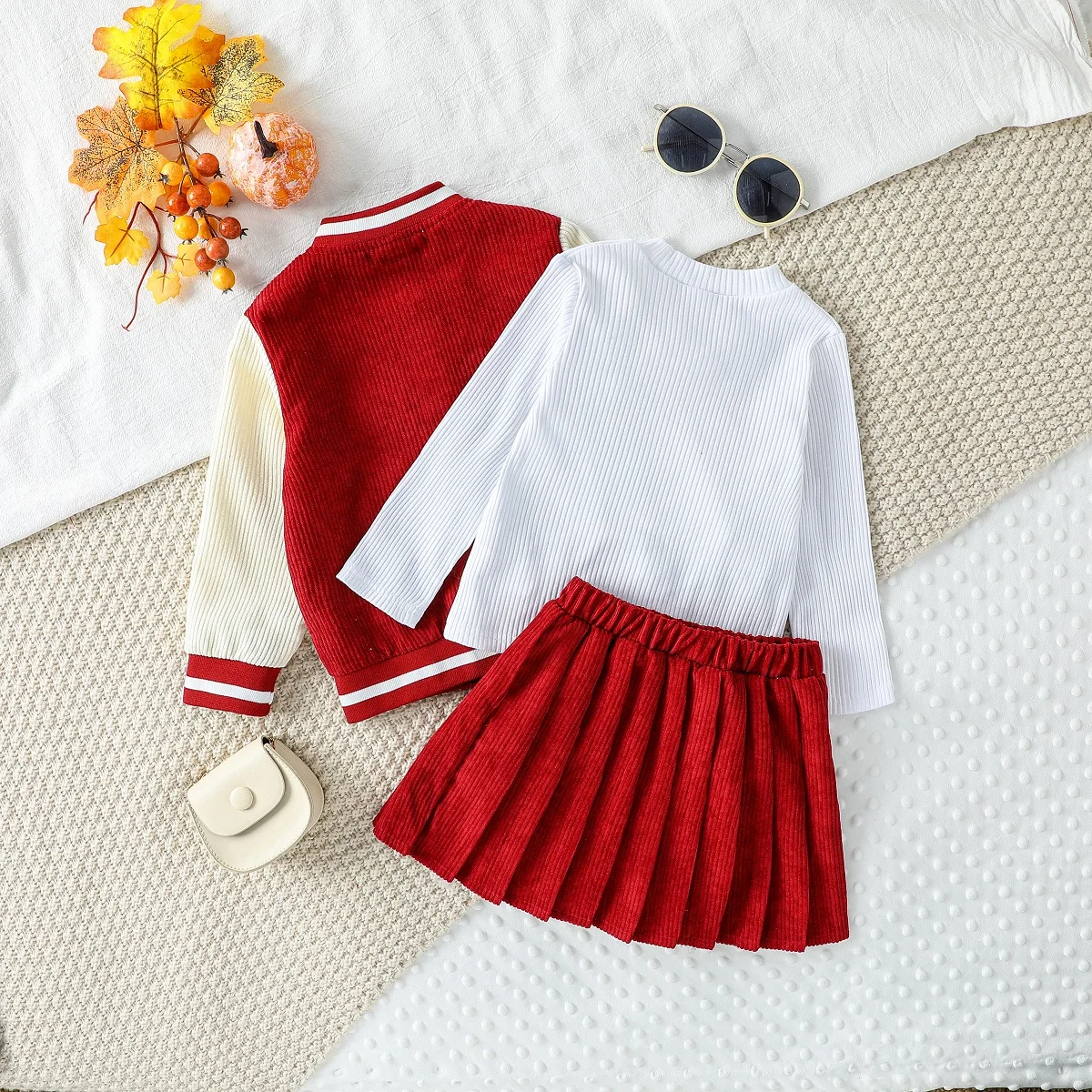 3Pcs Autumn New Style Sweet  Kids Girl  Long Sleeve Top +Color-Matched Baseball Uniform Coat + Solid Color Pleated Skirt Set