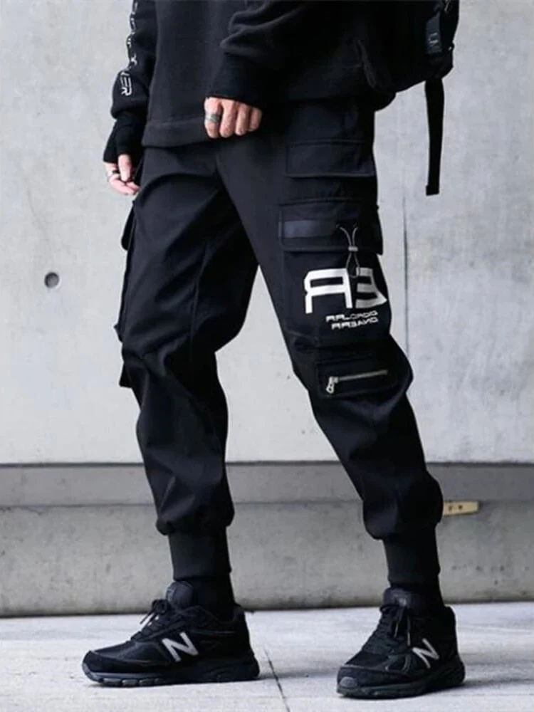 Joggers Cargo Pants for Men Casual Hip Hop Hit Color Pocket Male Trousers Sweatpants Streetwear Ribbons Techwear Pants